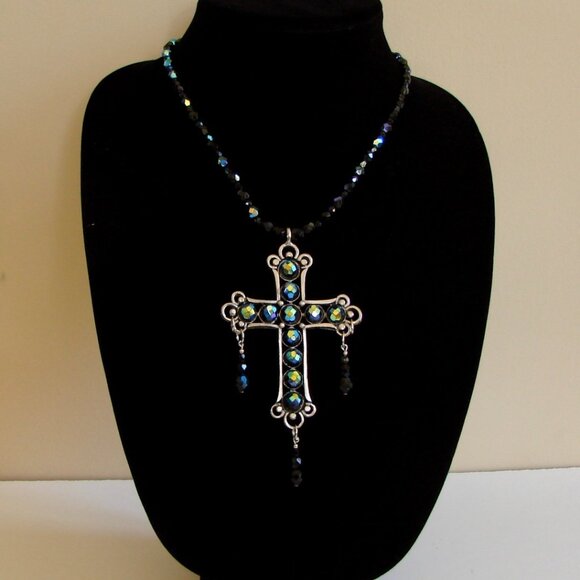 Silver Tone Crystal Cross Necklace Iridescent Purple Blue Beads Scroll Victorian - Picture 1 of 9
